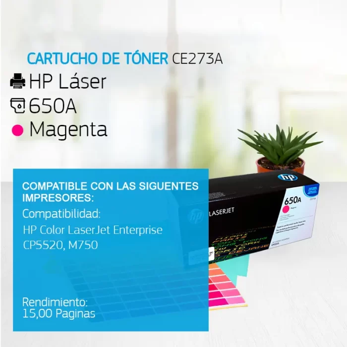 Cartucho de Tóner HP 650A Magenta CE273A 15,00 Paginas