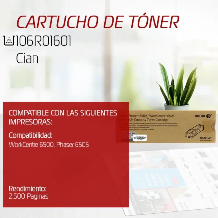 CARTUCHO DE TONER XEROX 106R01601 CYAN PHASER 6505 2.500 PAGINAS