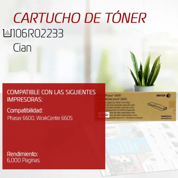 CARTUCHO DE TONER XEROX 106R02233 CYAN PHASER 6600/WC 6605 6.000 PAGINAS