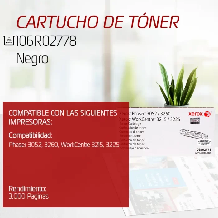 Cartucho de TONER XEROX 106R02778 NEGRO 3,000 páginas