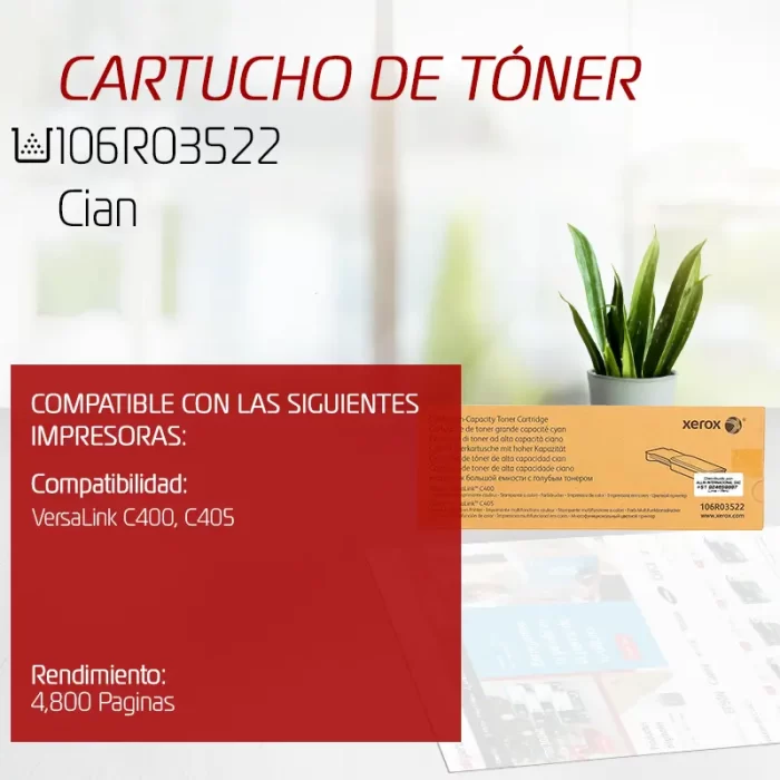 CARTUCHO DE TONER XEROX 106R03522 CYAN PARA C400/C405