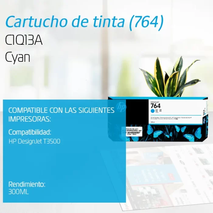 TINTA HP 764 C1Q13A CYAN 300ML HP DESIGNJET T3500