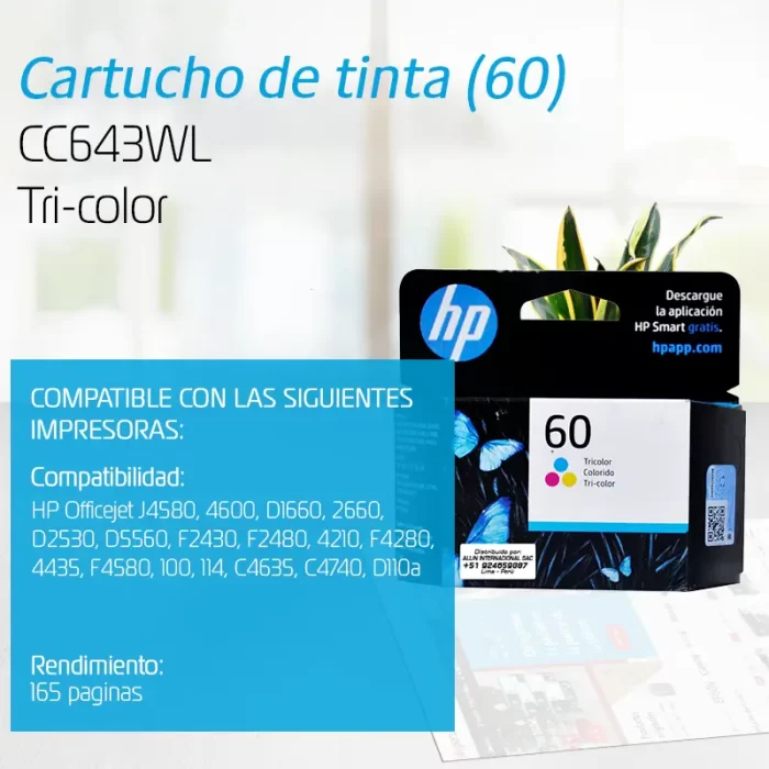 TINTA HP 60 TRICOLOR CC643WL 165 PAGINAS