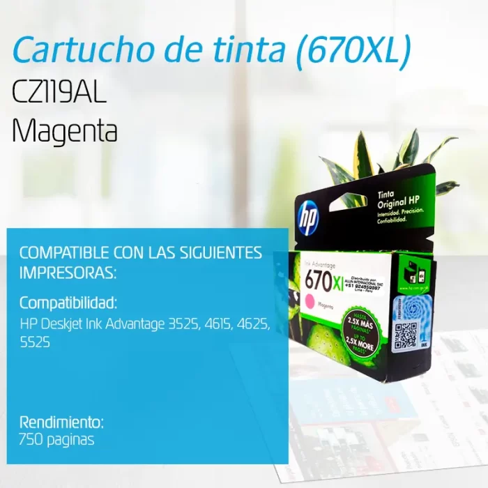 TINTA HP CZ119AL 670XL MAGENTA 750 PAGINAS