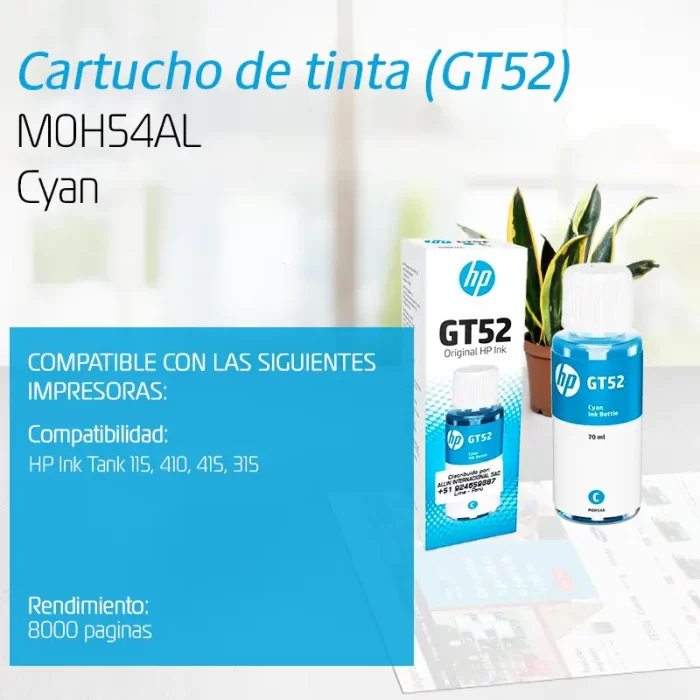 TINTA HP M0H54AL (GT52) CYAN 8000 PAG