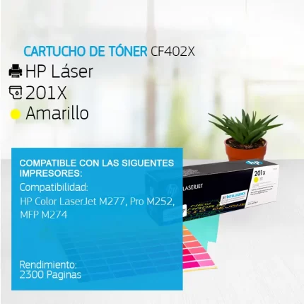 Cartucho de Tóner HP 201X Amarillo CF402X 2,300 Paginas