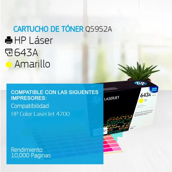 Cartucho de Tóner HP 643A Amarillo Q5952A 10,000 Paginas