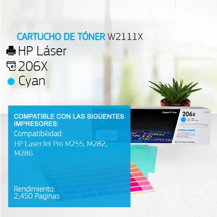 Cartucho de Tóner HP 206X Cyan W2111X 2,450 Paginas