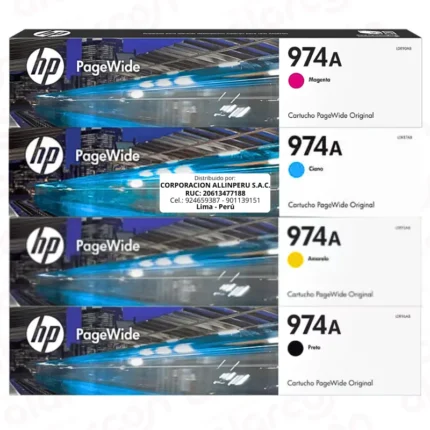 Kit Tinta HP 974A Original (4 Cartuchos) | PageWide Pro 352, 377, 452DW, 477DW, 552DW, 577DW