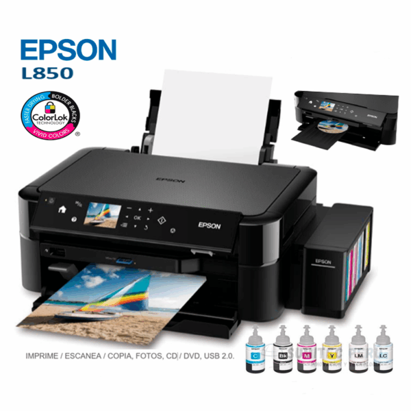 Impresora Multifuncional Epson L850, imprime, escanea, copia, foto, CD, DVD, USB 2.0.
