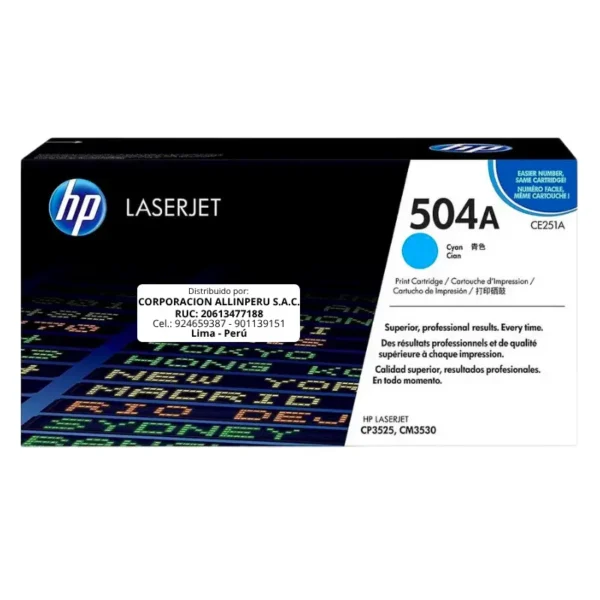 Toner HP CE251A 504A LaserJet. CP3525 Cyan 7.000 Páginas