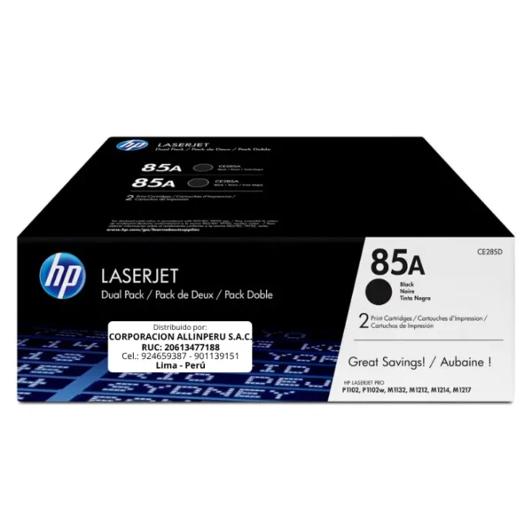 Toner HP CE285AD  85AD LaserJet. P1102 PACK 2 Negro 3.200PG