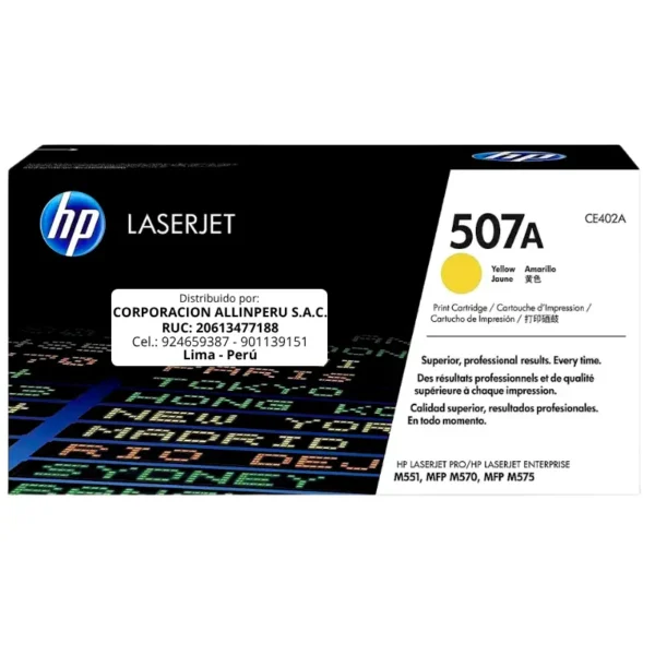 Toner HP CE402A 507A LaserJet. M551 Amarillo 6.000 Páginas
