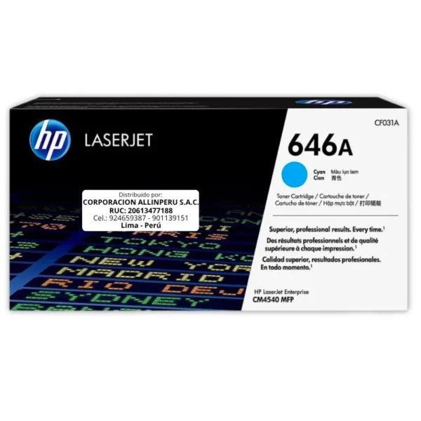 Toner HP CF031A 646A LaserJet CM4540 Cyan 12.500 Páginas