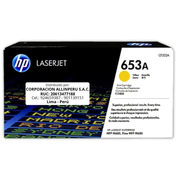 Toner HP CF322A 653A LaserJet M651DN Amarillo 16.500 Páginas