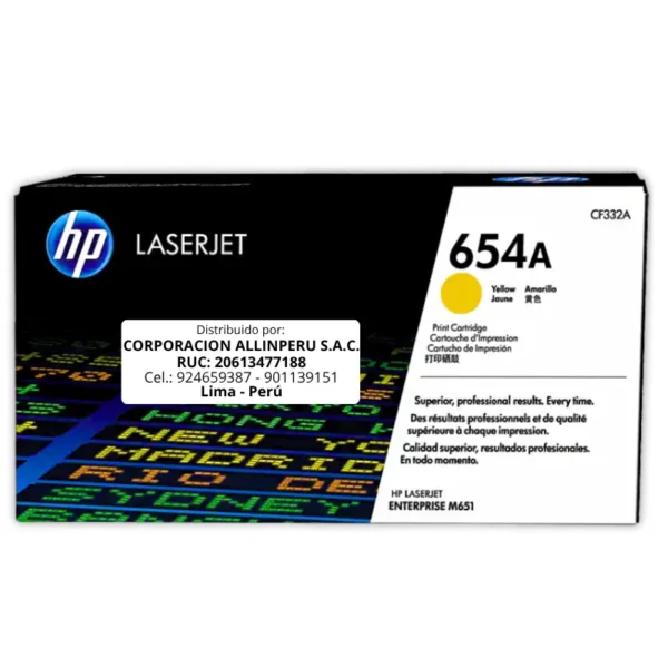 Toner HP CF332A 654A LaserJet M651 Amarillo 15.000 Páginas