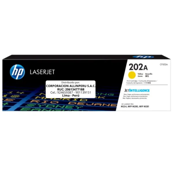 Toner HP CF502A 202A LaserJet. PRO M254 Amarillo 1.300 Páginas