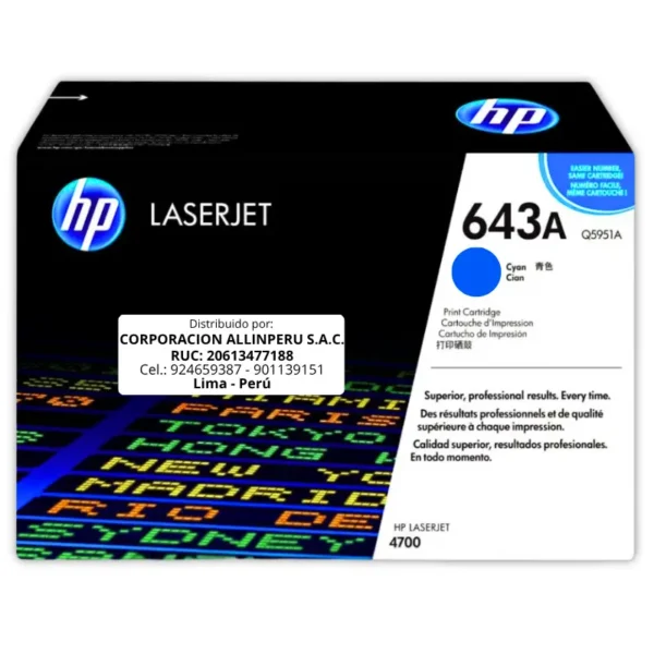 Toner HP Q5951A 643A LaserJet 4700 Cyan 10.000 Páginas