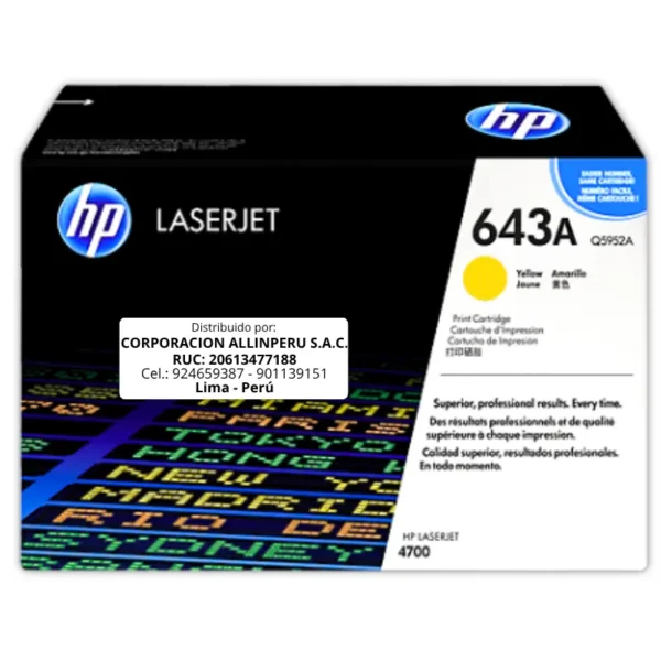 Toner HP Q5952A 643A LaserJet 4700 Amarillo 10.000 Páginas