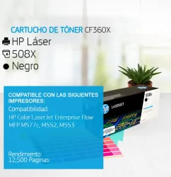 Cartucho de Tóner HP 508X Negro CF360X 12,500 Paginas